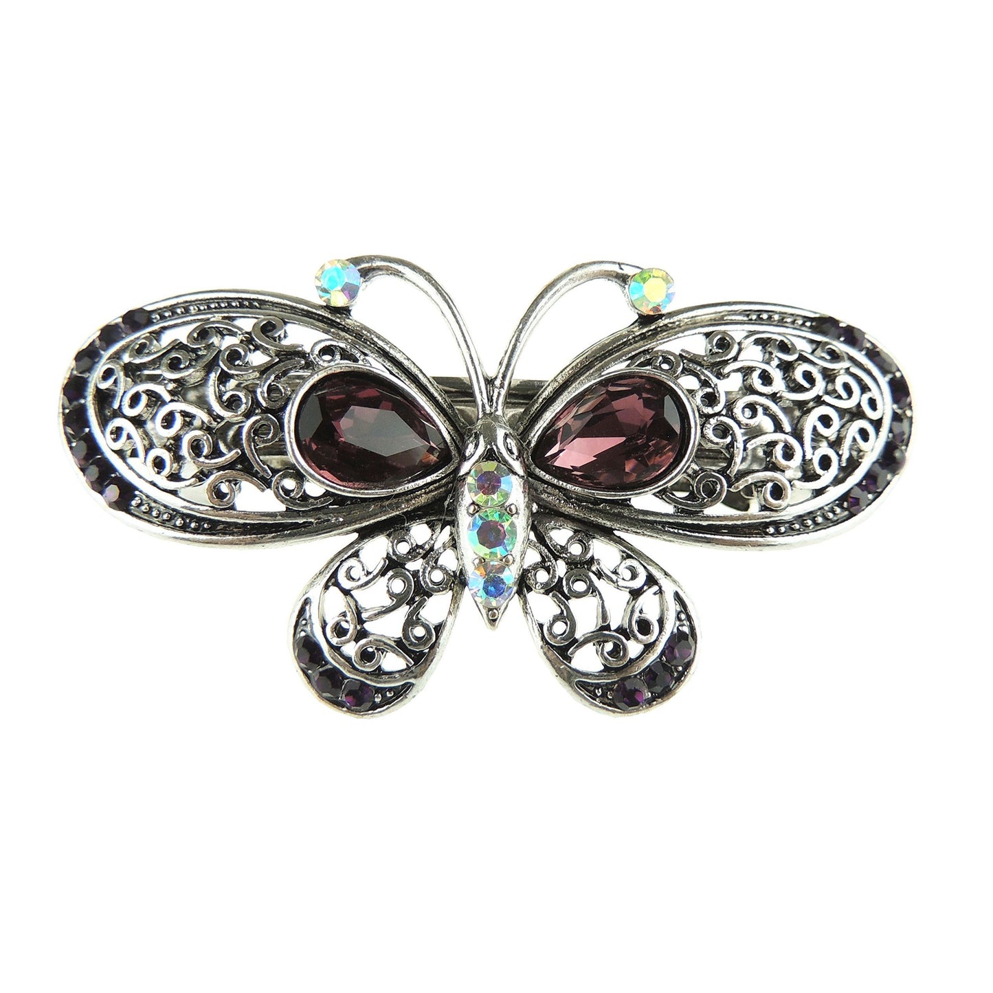 Womens Girls Vintage Look Crystal Rhinestone Diamante Wedding Birthday Party Evening Ponytail Fine Medium Hair Accessories Occasion Barrette Hairpin Silver Tone SMALL Metal French Spring Clip Butterfly