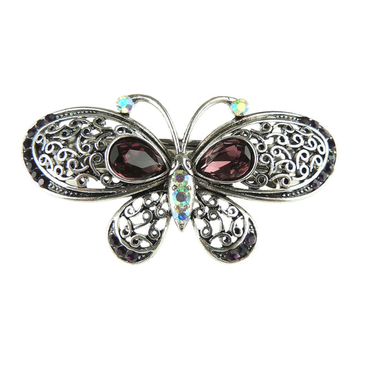 Womens Girls Vintage Look Crystal Rhinestone Diamante Wedding Birthday Party Evening Ponytail Fine Medium Hair Accessories Occasion Barrette Hairpin Silver Tone SMALL Metal French Spring Clip Butterfly
