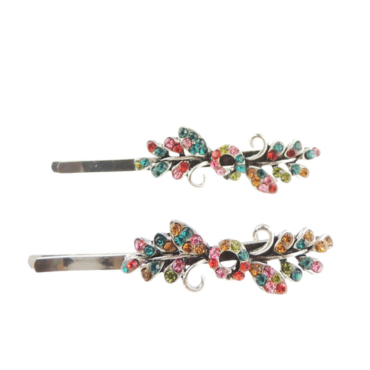 Womens Silver Tone Sparkly Bow Rhinestone Jeweled Crystal Diamante Party Birthday Christmas Bridal Wedding Slides Hairpin Hair Clips Grips Bobby Pins Set of 2 Flower Floral (Multi)