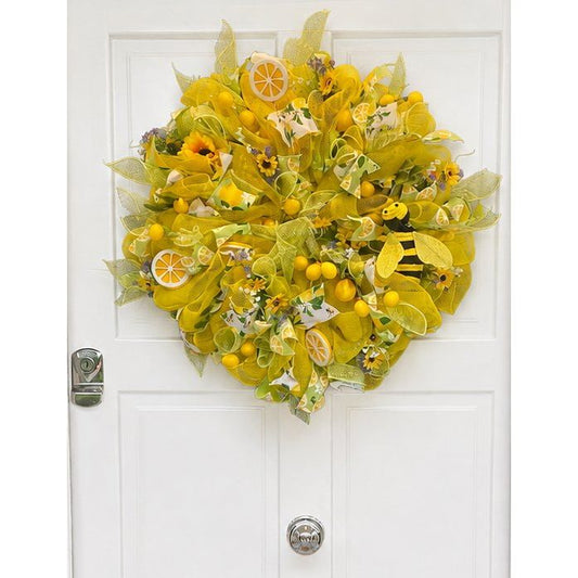 XL Honey Bee Wreath for Front Door, Bee Wreath, Farmhouse Wreath, Lemon Summer Door Wreath, Cottage Wreath, Garden Wreath, Handmade Wreath