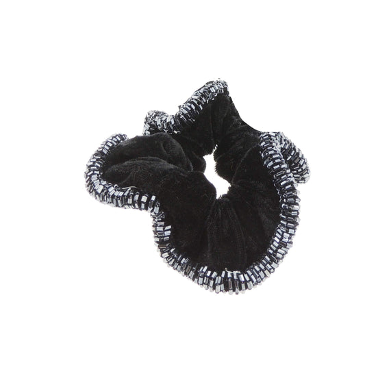 Womens Girls Black Velvet Beaded Fabric Evening Christmas Birthday Bridal Wedding Bridesmaid Party Ponio Hair Tie Up Back Elastic Accessories Bobbles Ponytail Holder Rubber Bands Scrunchie Grey Beads