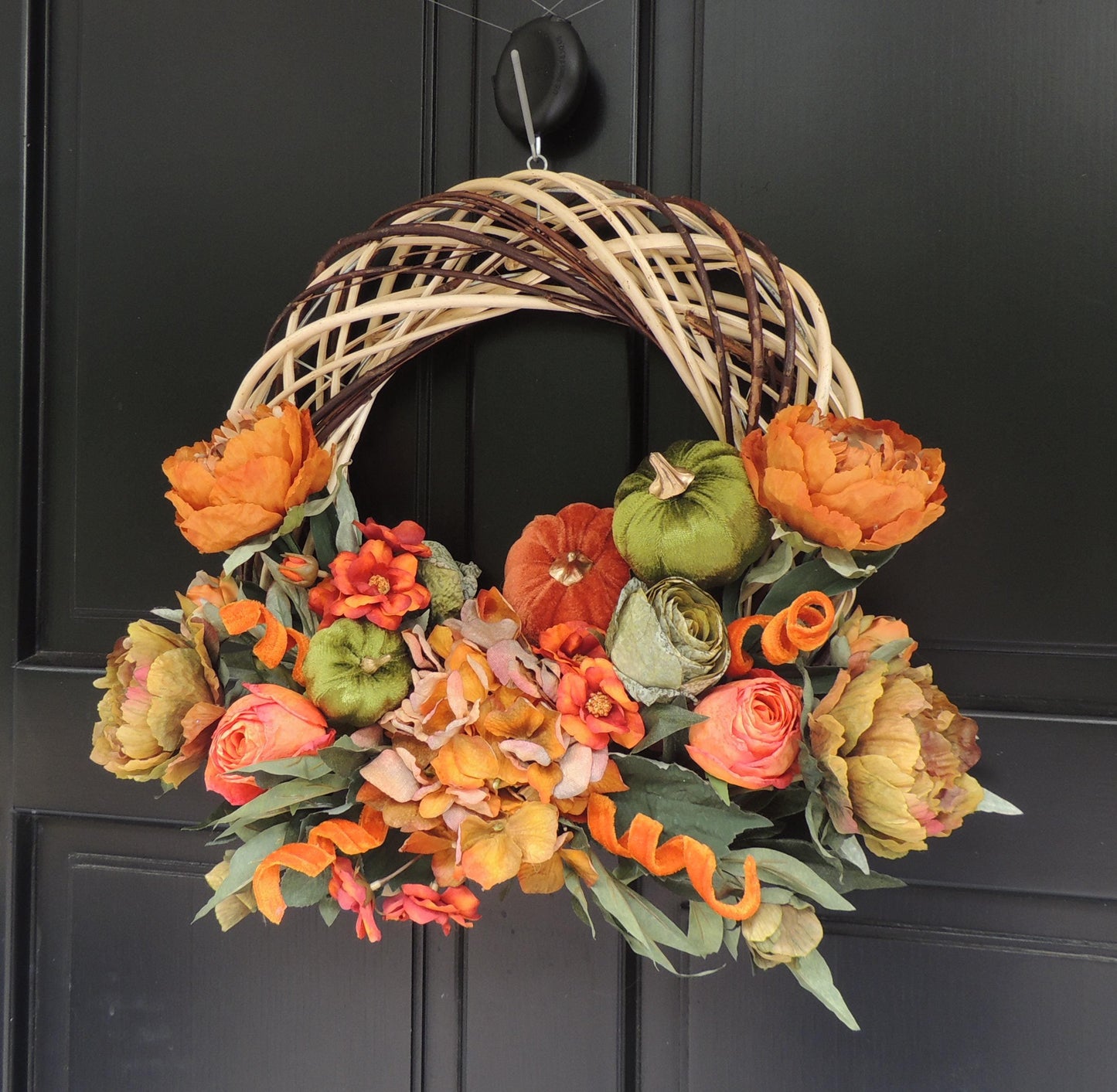 Orange Autumn Pumpkin Door Wreath, Green Fall Swag, Luxury Autumn Front Door Decor,Thanksgiving Wreath, Glam Fall Door Hanger,Harvest Wreath