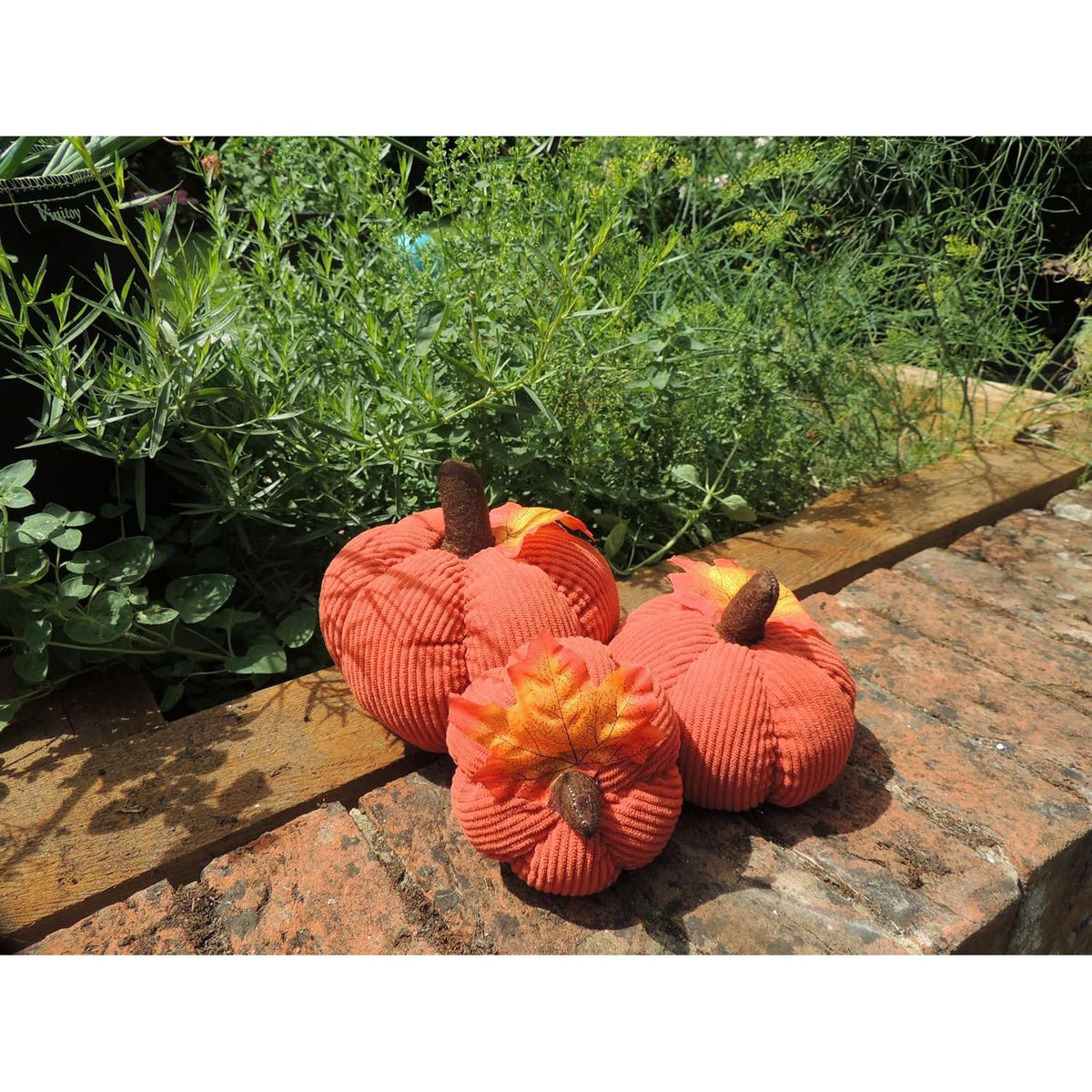 Set of 3 Burnt Orange Corduroy Pumpkins with Autumn Leaves