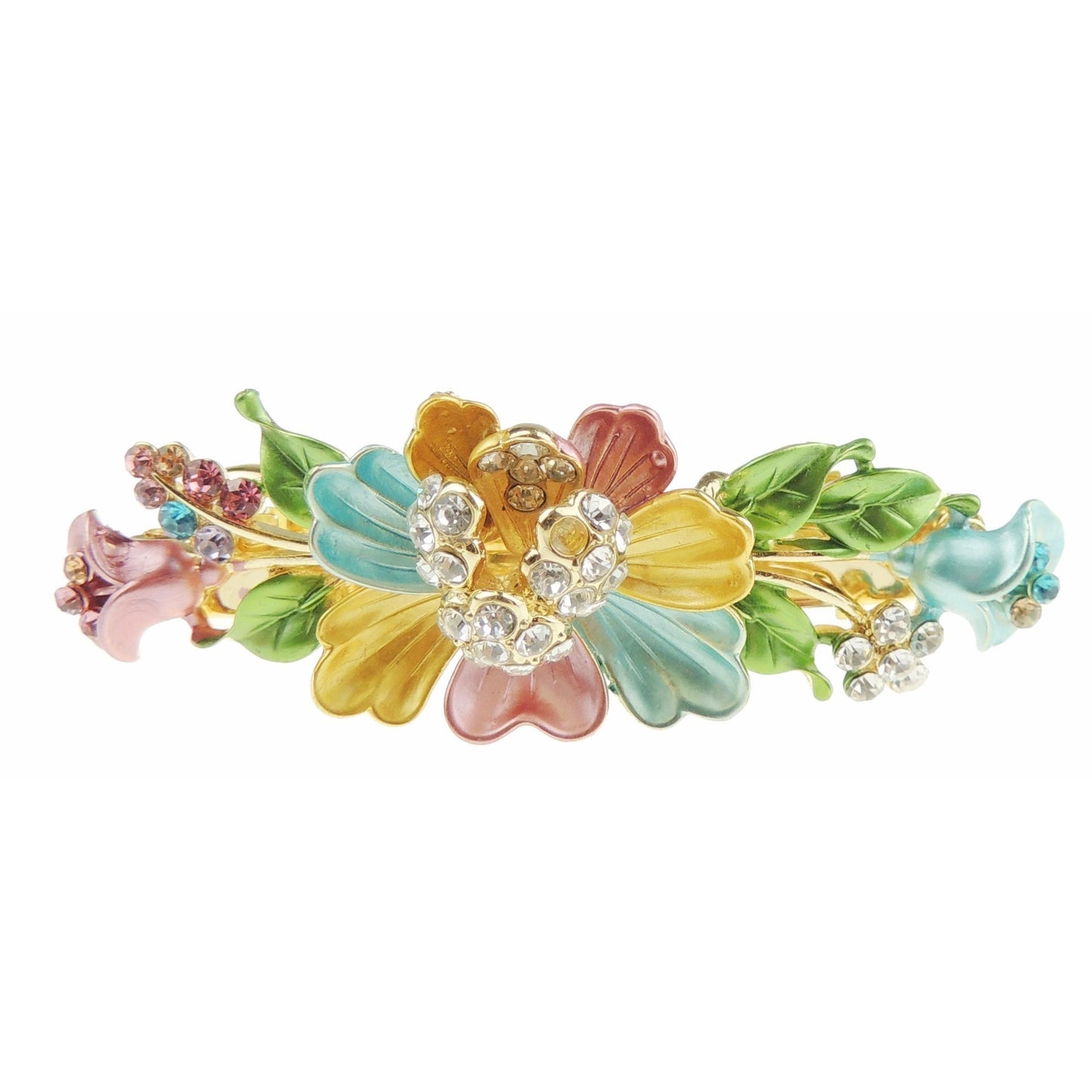 Womens Girls Crystal Rhinestone Diamante Wedding Birthday Party Evening Ponytail Fine Medium Hair Accessories Occasion Barrette Hairpin Grip 7cm French Spring Clip Floral Flower Enamel Beige
