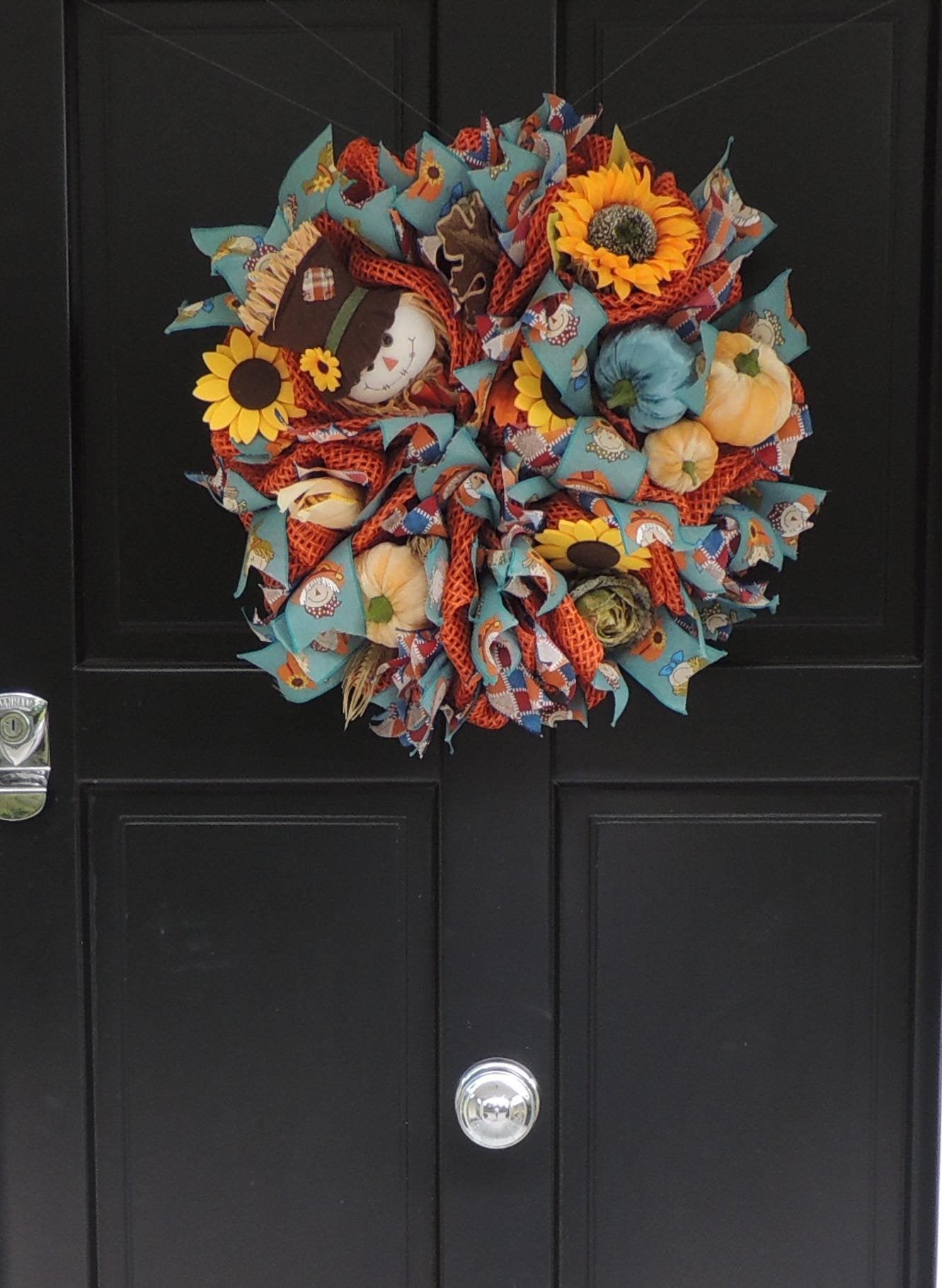 Scarecrow Rustic Fall Wreath Front Door,Pumpkin Handmade Harvest Door Decor,Country Autumn Wreath, Seasonal Decoration Teal Yellow Orange