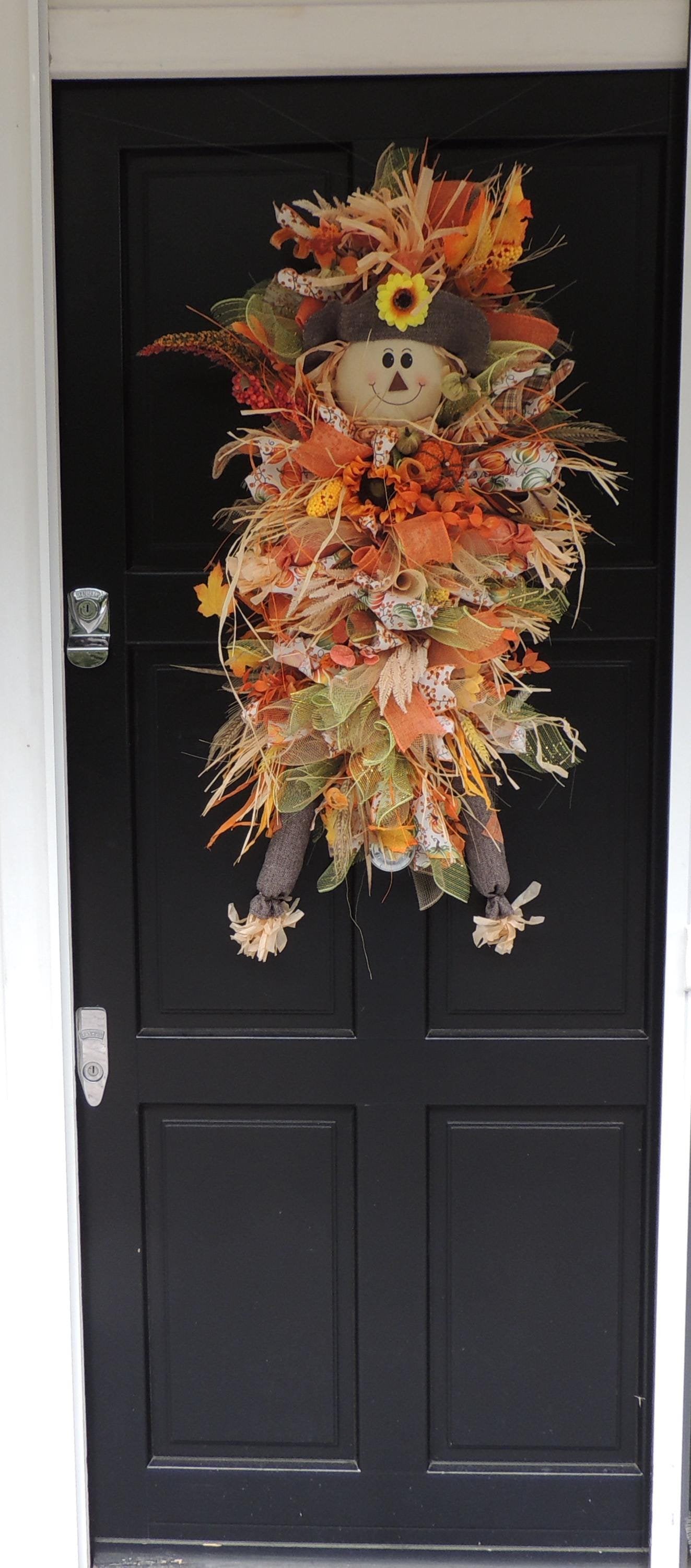 XXL Scarecrow Orange Halloween Front Door Wreath Swag Teardrop Hanger Wall Porch Hanger Handmade House Home Decor Decorations Glam