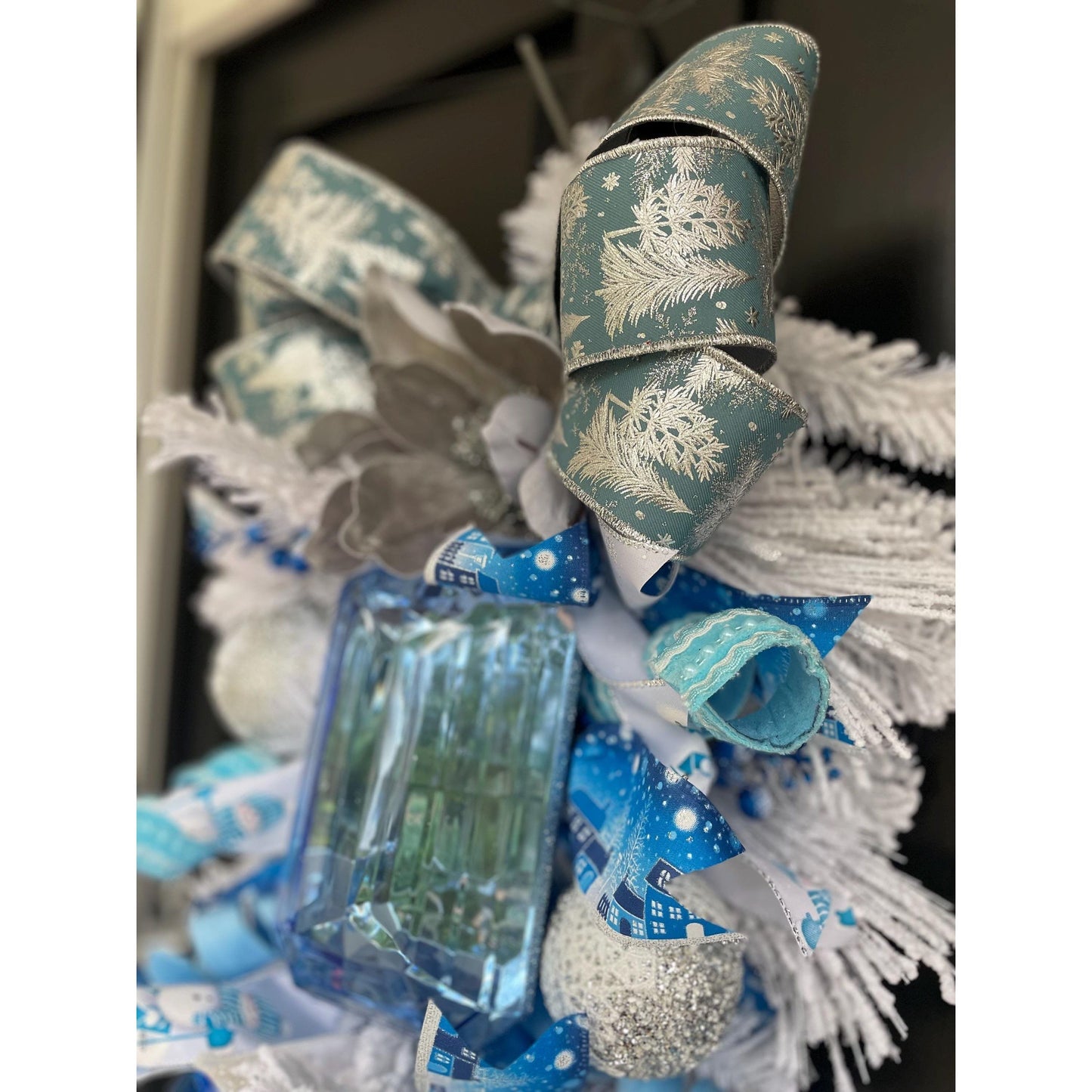 XL Ice Blue Snow Flocked  Luxury Teardrop Christmas Front Door Wreath White Home Decoration Xmas Winter Mantle Decor Holiday Advent Swag