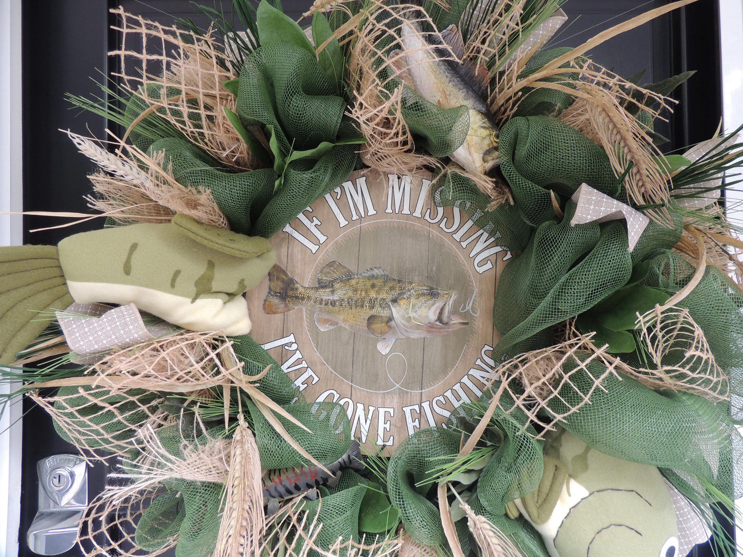 27" Oversized XL Green Fishing Wreath,Cabin Front Door Swag,Rustic Country Home Decor,Lake Beach House Decoration,Natural House Warming gift