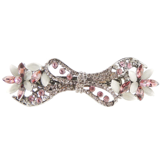 Womens Girls Crystal Rhinestone Diamante Wedding Birthday Party Evening Ponytail Fine Hair Accessories Occasion Barrette Hairpin Grip French Spring Clip 9cm Vintage Look Grey Bow Flower (Pink)