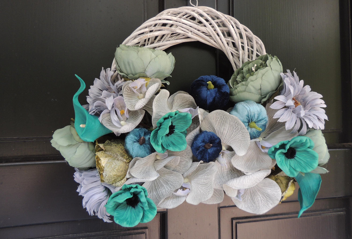 Blue Pumpkin Wreath, Beach House Front Door Wreath, Teal Floral Wreath, Turquoise Wreath, Modern Summer Wreath, Luxury Door Decor,Lake House