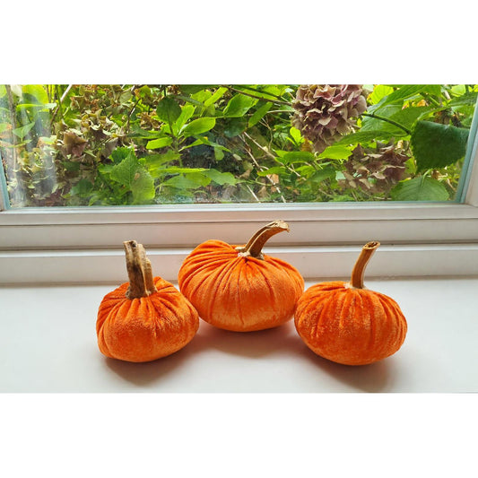 Orange Crushed Marble Velvet Pumpkin Set of 3, Autumn Fall Decorations, Thanksgiving Table Centrepiece