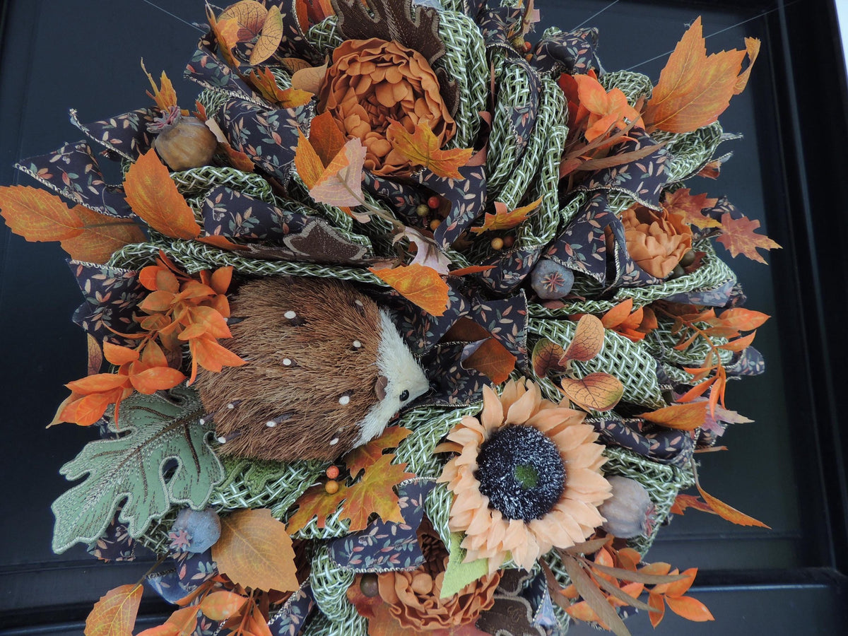 20" Large Autumn Hedgehog Wreath, Fall Woodland Front Door Wreath, 50cm Sunflower Harvest Decor, Rustic Autumn Porch Decoration