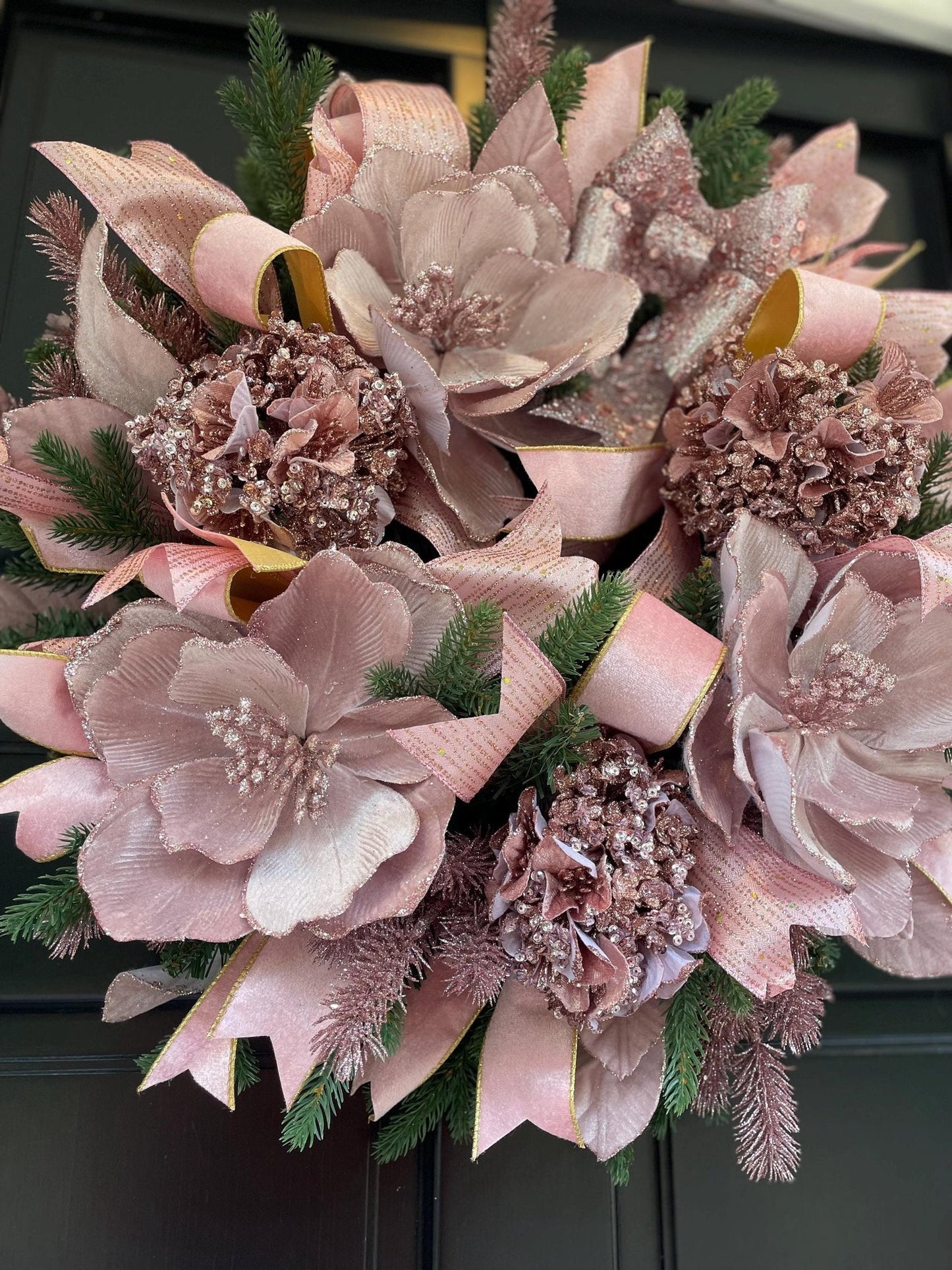 Luxury Blush Pink Christmas Wreath | Elegant Velvet Magnolia Front Door Wreath | 60cm (24")