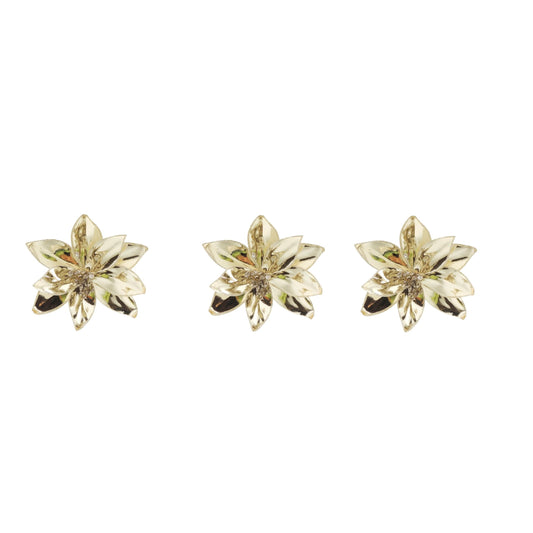 Set of 3 Metallic Gold Glitter Clip Poinsettia Flower Christmas Tree Floral Pick Ornament Xmas Decor Garland Wreath Decoration