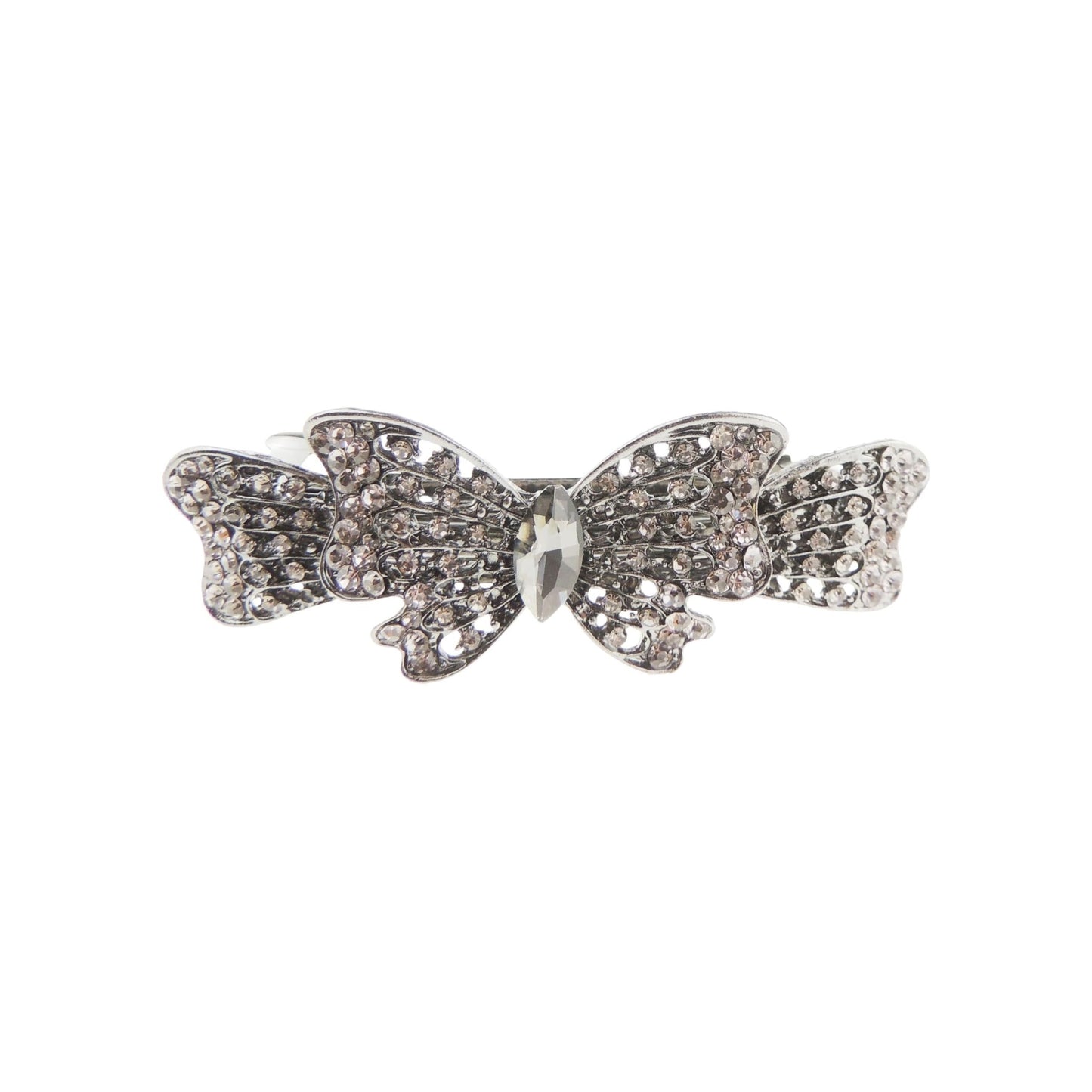 Ladies 9cm Vintage Look Crystal Hair Barrette Grey Butterfly