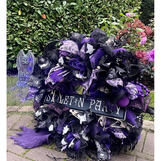 Large Halloween Front Door Wreath Spooky Hanger Black Purple Skeleton Party Wall Porch Hanger Handmade House Home Decor Decorations Welcome