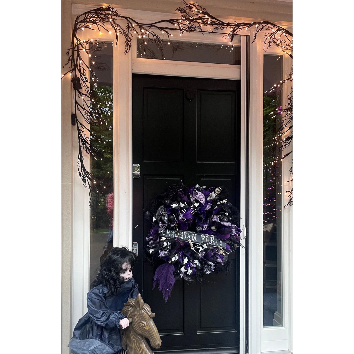 Large Halloween Front Door Wreath Spooky Hanger Black Purple Skeleton Party Wall Porch Hanger Handmade House Home Decor Decorations Welcome
