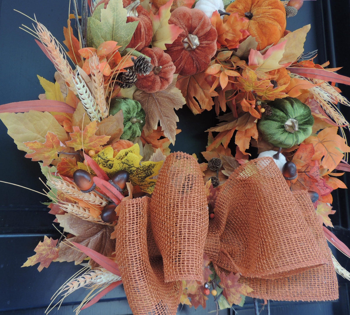 Large Velvet Pumpkin Autumn Wreath, Rustic Harvest Front Door Decor, Burnt Orange Fall Decoration, Thanksgiving Decorating