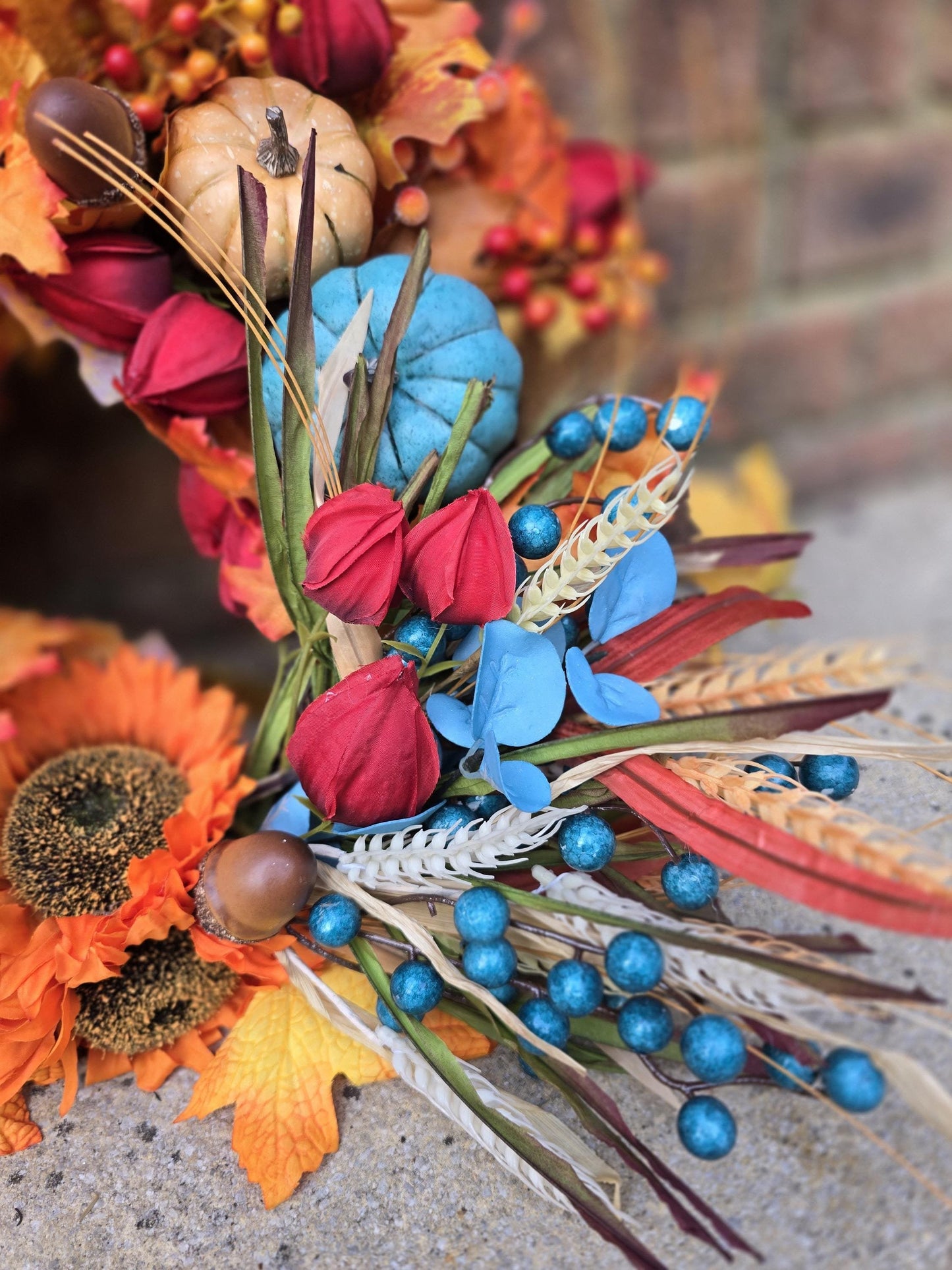Teal Pumpkin Autumn Wreath | Colourful Harvest Grapevine Front Door Wreath | 40cm (16")