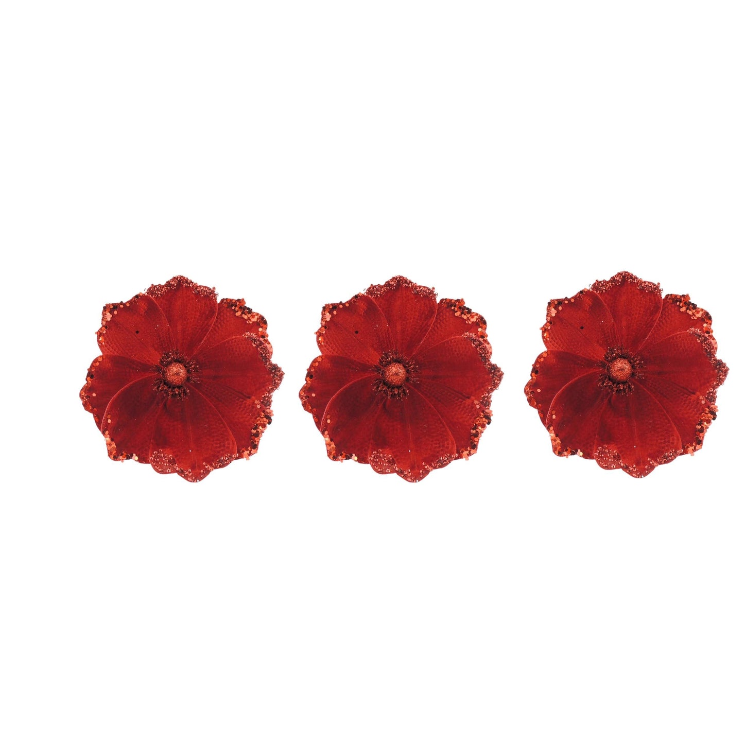 Glamour Girlz Set of 3 Red Velvet Sequin Flower Christmas Tree Floral Magnolia Flower Pick Stem Ornament Xmas Decor Garland Wreath Decoration Accent Holiday Arrangement