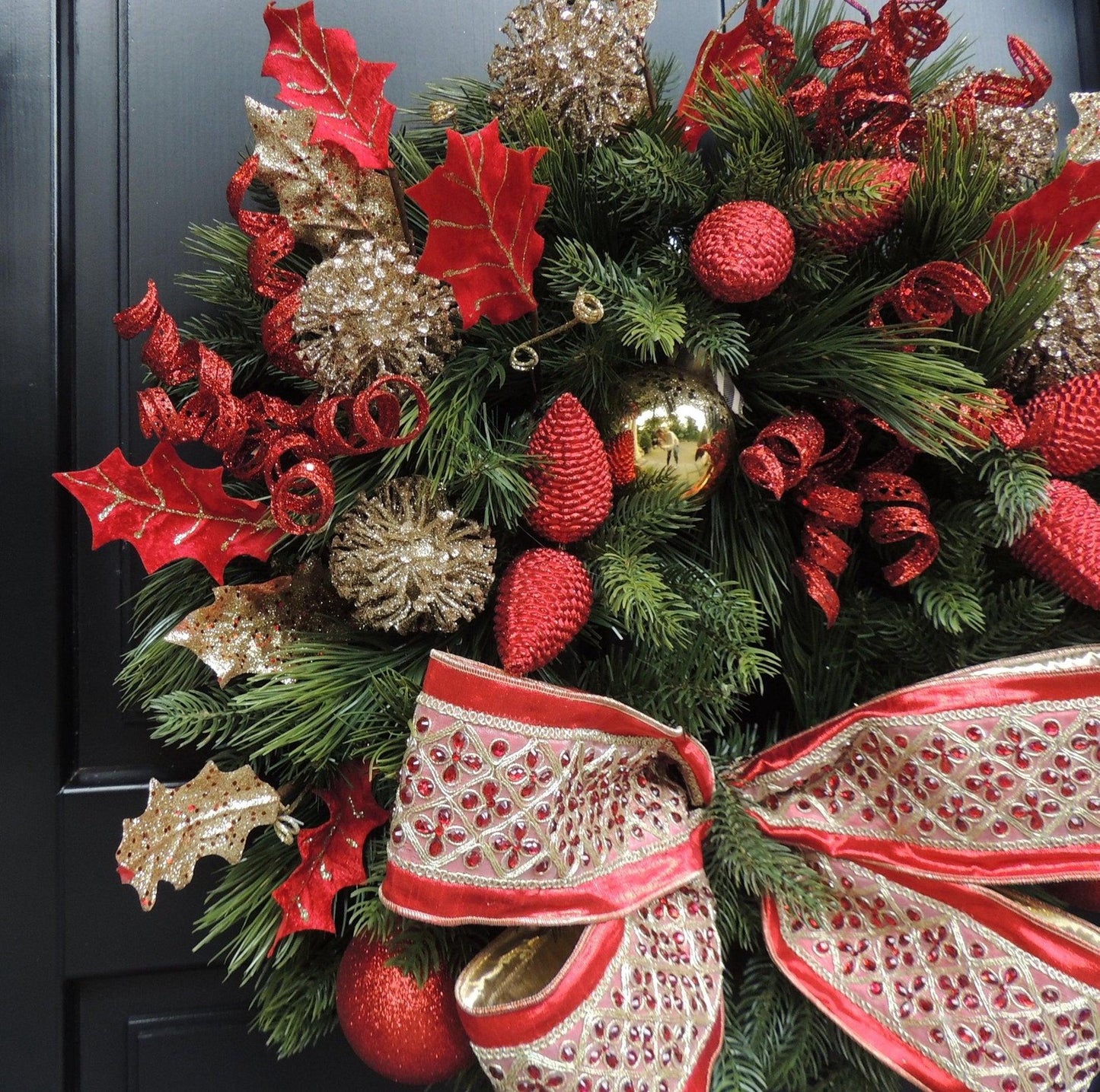 Luxury Designer Christmas Wreath | Elegant Red & Gold Front Door Wreath | 60cm (24")