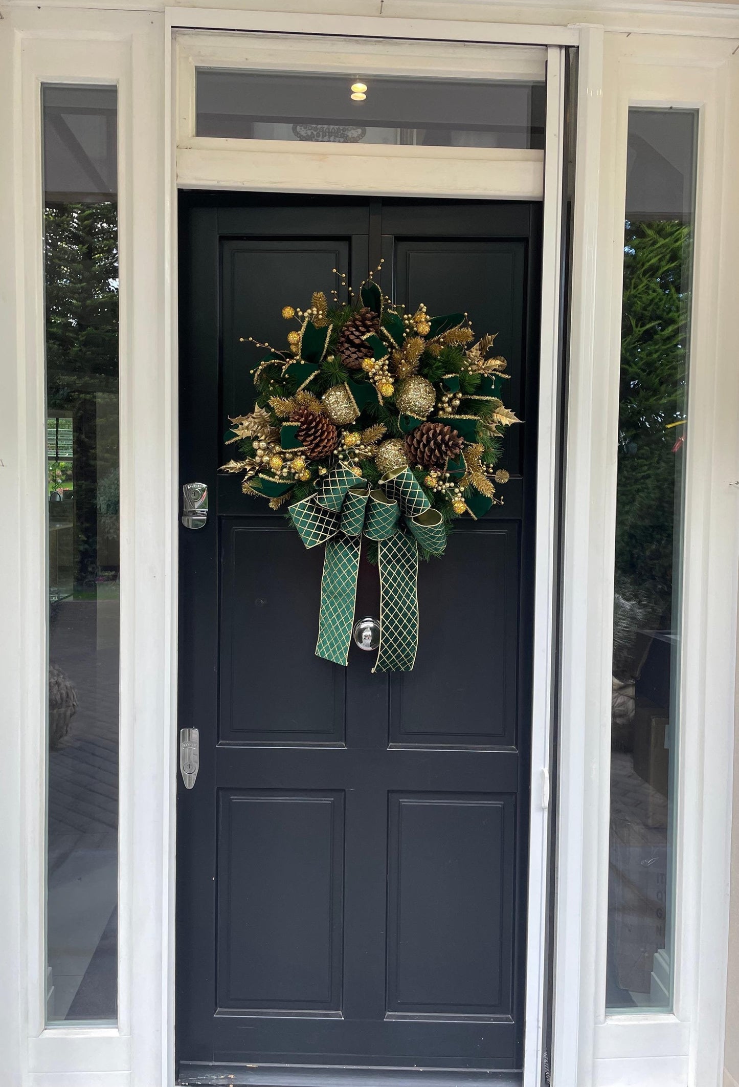 Luxury Emerald Green & Gold Christmas Wreath | Designer Velvet Bow Front Door Wreath | 60cm (24")