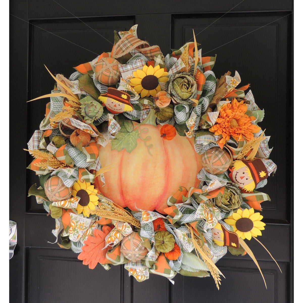 24" Large Autumn Pumpkin Wreath, Fall Harvest Front Door Wreath, Scarecrow Sunflower Thanksgiving Porch Decor, Farmhouse Autumn Decoration