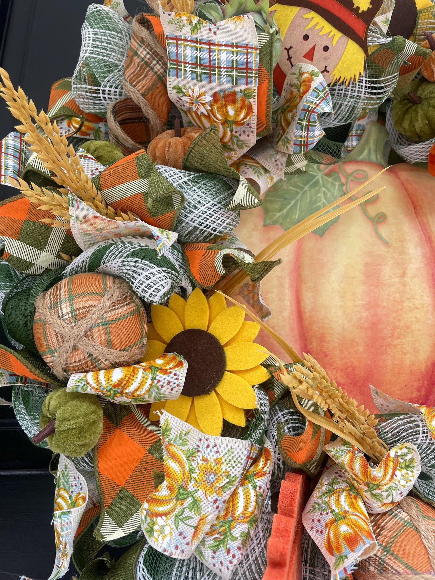 24" Large Autumn Pumpkin Wreath, Fall Harvest Front Door Wreath, Scarecrow Sunflower Thanksgiving Porch Decor, Farmhouse Autumn Decoration