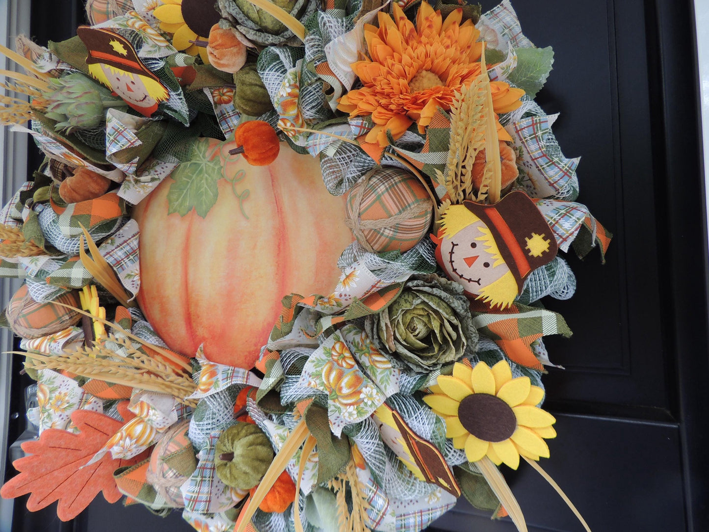 24" Large Autumn Pumpkin Wreath, Fall Harvest Front Door Wreath, Scarecrow Sunflower Thanksgiving Porch Decor, Farmhouse Autumn Decoration