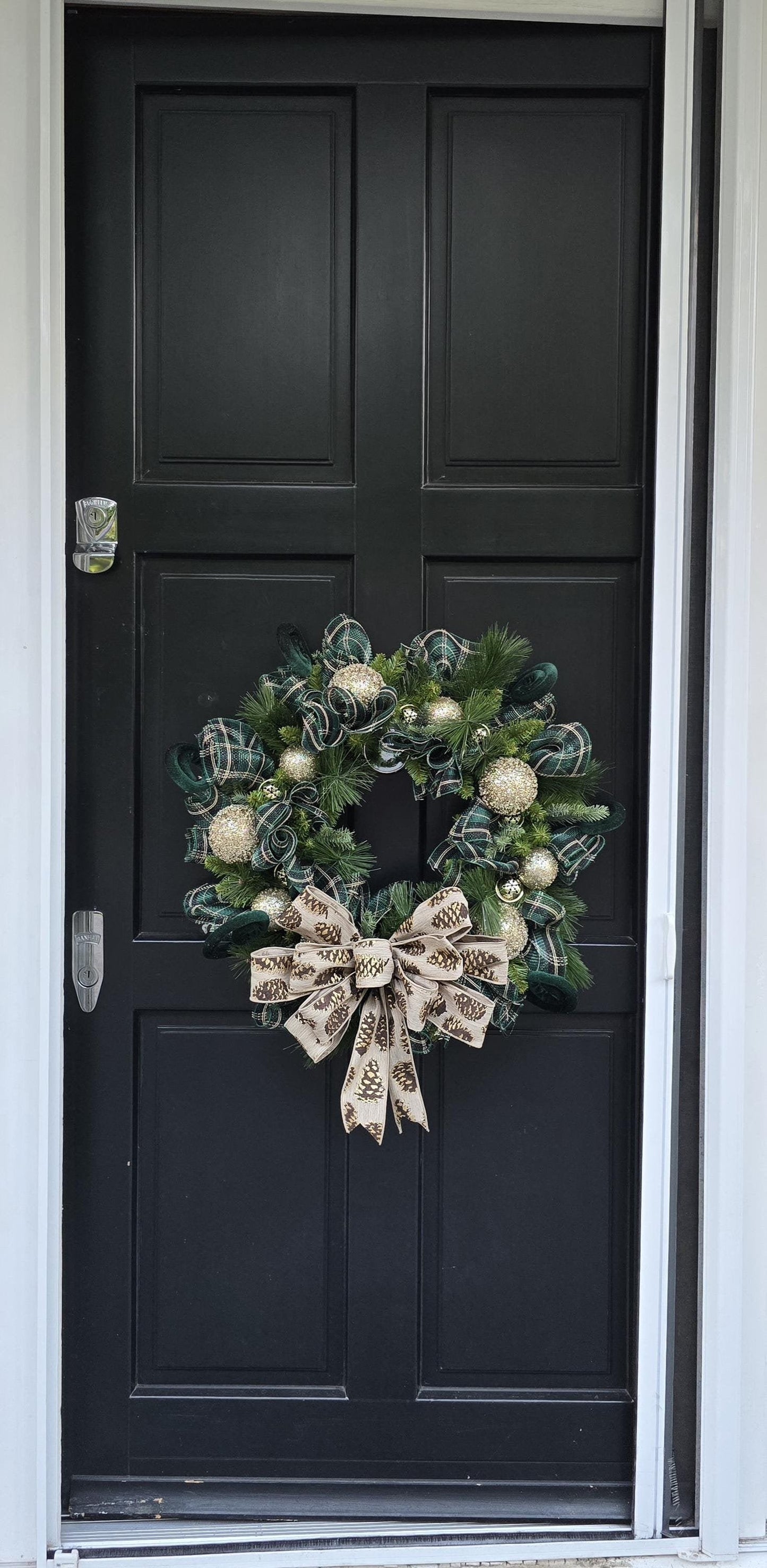Luxury Gold & Green Christmas Wreath | Long Needle Pine Front Door Wreath | 60cm (24")