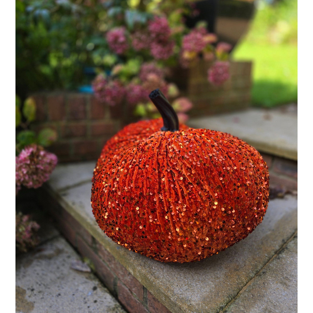 Extra Large Sparkly Velvet Sequin Pumpkin with Real Stem