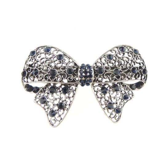 Womens Girls Vintage Look Crystal Rhinestone Diamante Wedding Birthday Party Evening Ponytail Fine Medium Hair Occasion Barrette Hairpin Silver Tone Metal French Spring Clip Ribbon Bow Dark Blue