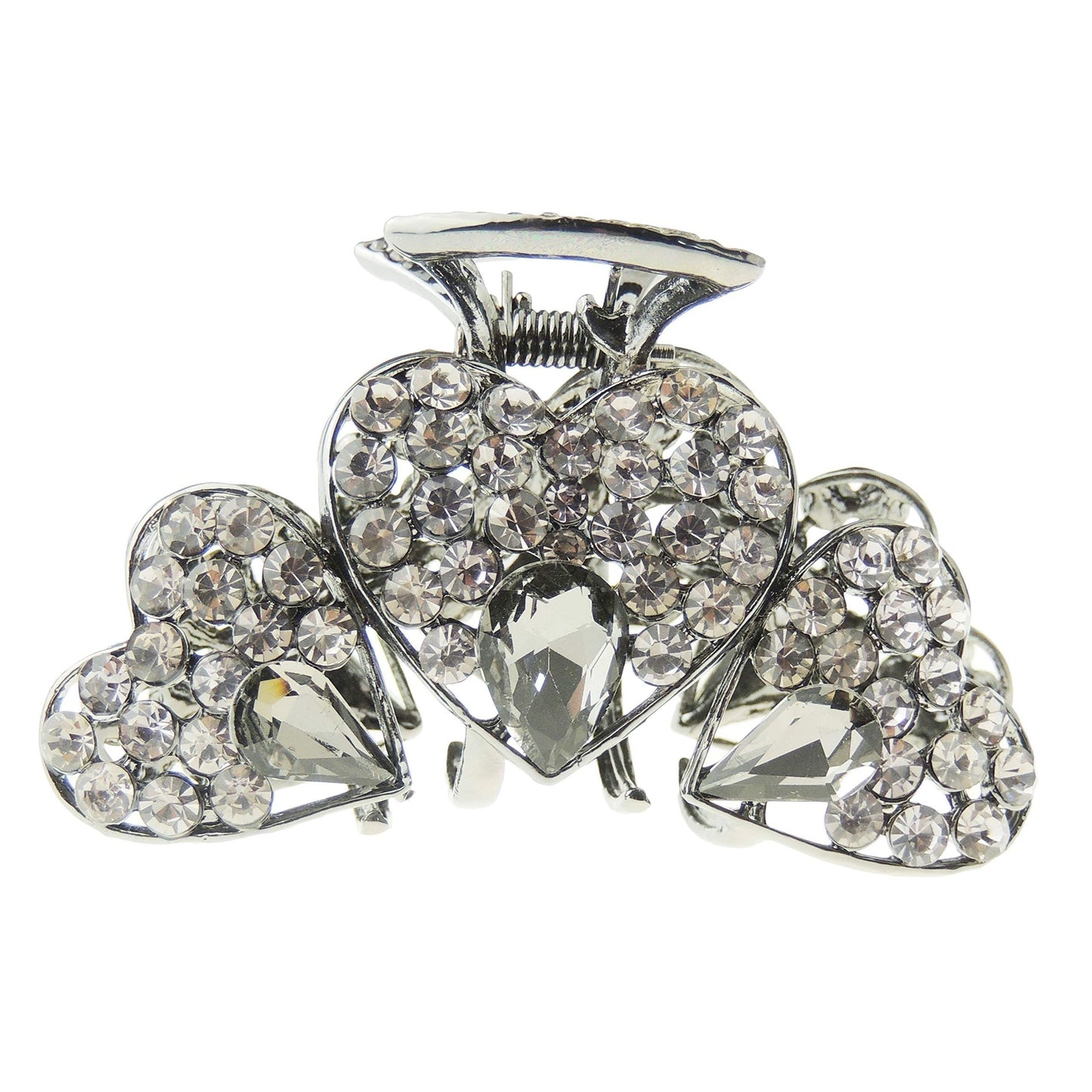 Ladies Dark Grey Metal Crystal Rhinestone Diamante Small Hair Claw Clamp Clip Hearts