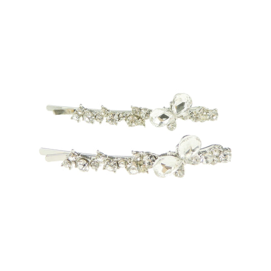 Ladies Evening Sparkly Crystal Diamante Clear Silver Tone Stone Pair of 2 Hair Grips Butterfly