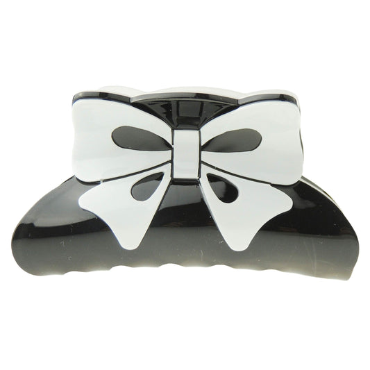 Strong Womens Girls Bulldog Wave Jaw Clip Octopus Clamp Grip Bridal Wedding Party Birthday Christmas Summer Styling Short Long Hair Claw Black White Print Bow Ribbon (Black White)