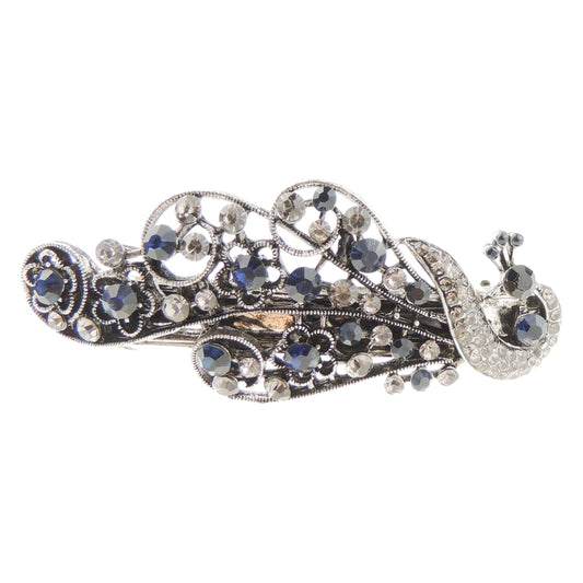 Womens Girls Crystal Rhinestone Diamante Wedding Birthday Party Evening Ponytail Hair Accessories Occasion Barrette Hairpin Vintage Look Dark Silver Tone Metal French Spring Clip Peacock (Blue)