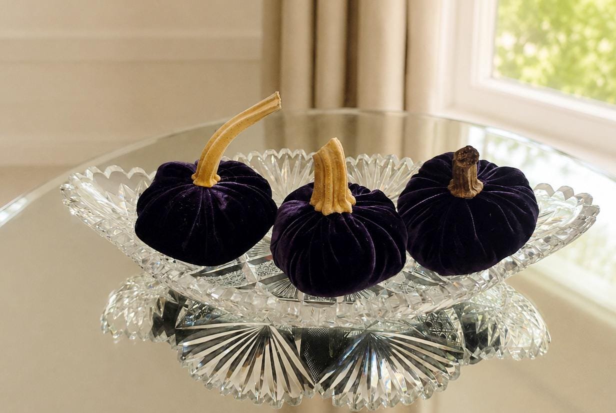 Set of 3 MINI Royal Purple Eggplant Dark Silk Velvet Pumpkins, Luxe Autumn Table Decor, Fall Wedding, Thanksgiving, Best Selling Item