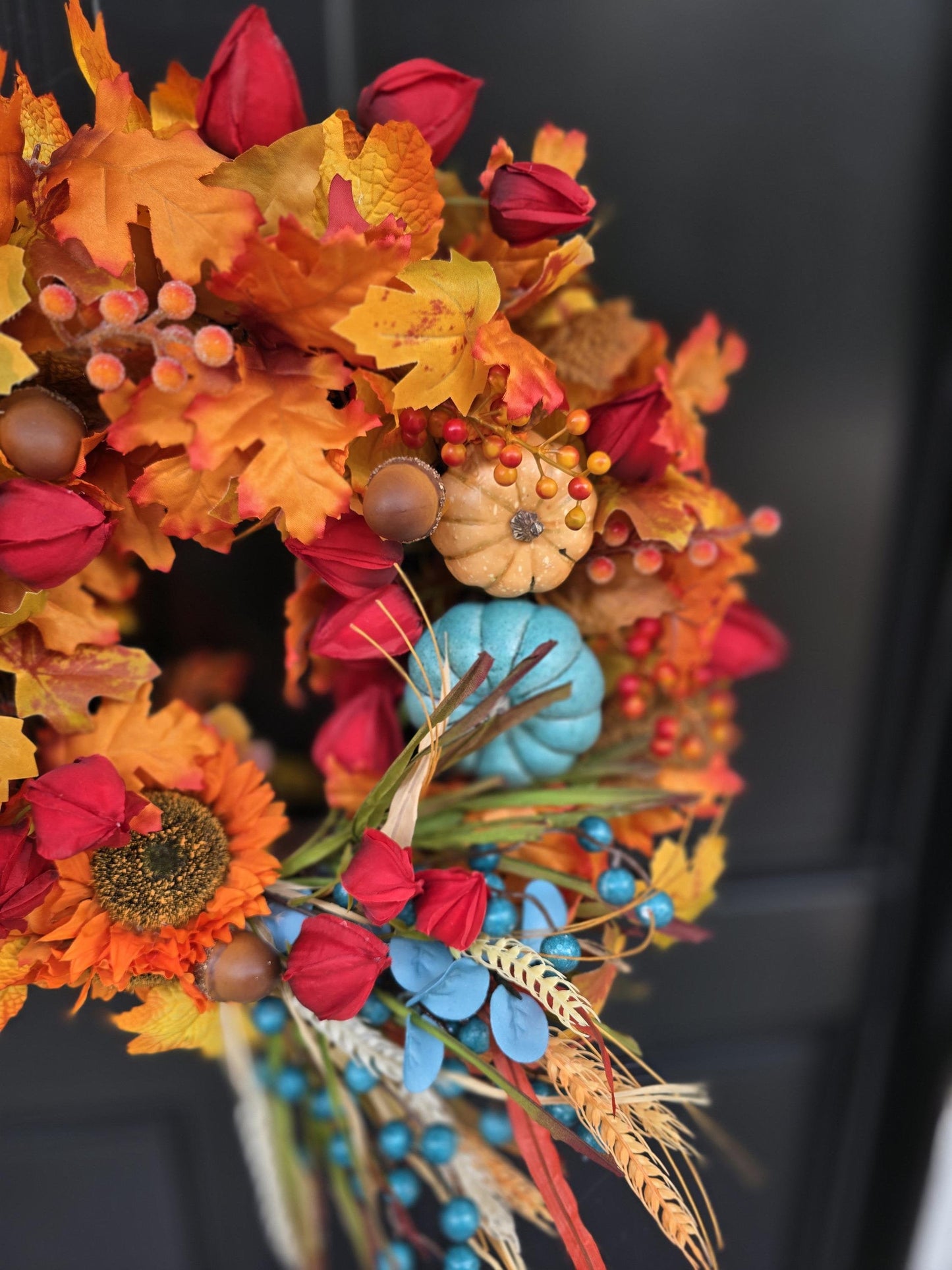 Teal Pumpkin Autumn Wreath | Colourful Harvest Grapevine Front Door Wreath | 40cm (16")