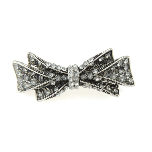 Womens Girls Vintage Look Crystal Rhinestone Diamante Wedding Birthday Party Evening Ponytail Fine Medium Hair Accessories Occasion Barrette Hairpin Silver Tone Metal French Spring Clip Bow