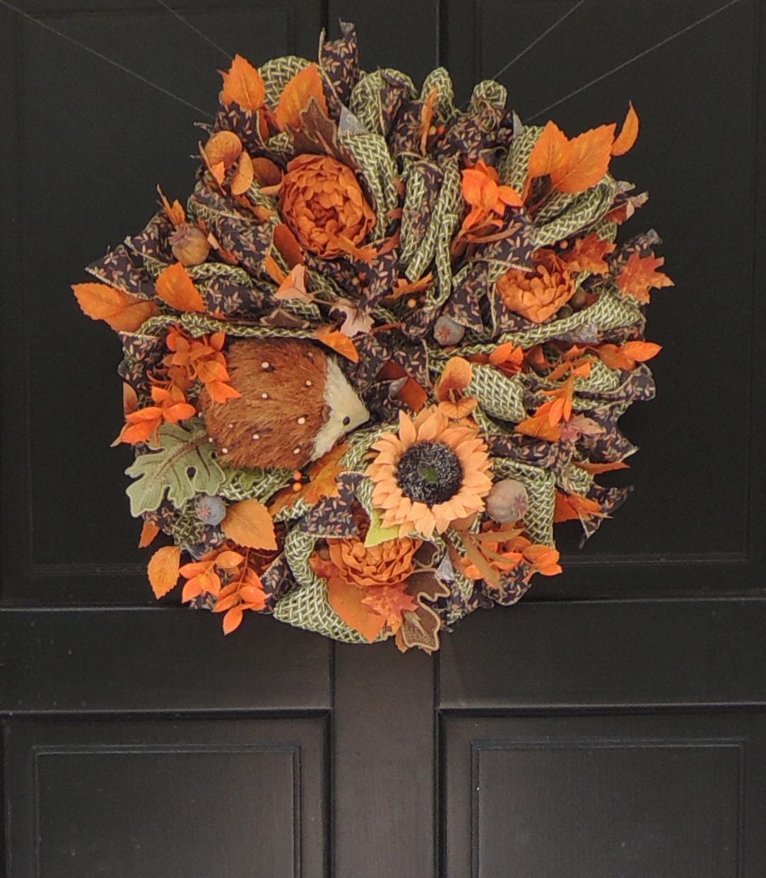 20" Large Autumn Hedgehog Wreath, Fall Woodland Front Door Wreath, 50cm Sunflower Harvest Decor, Rustic Autumn Porch Decoration