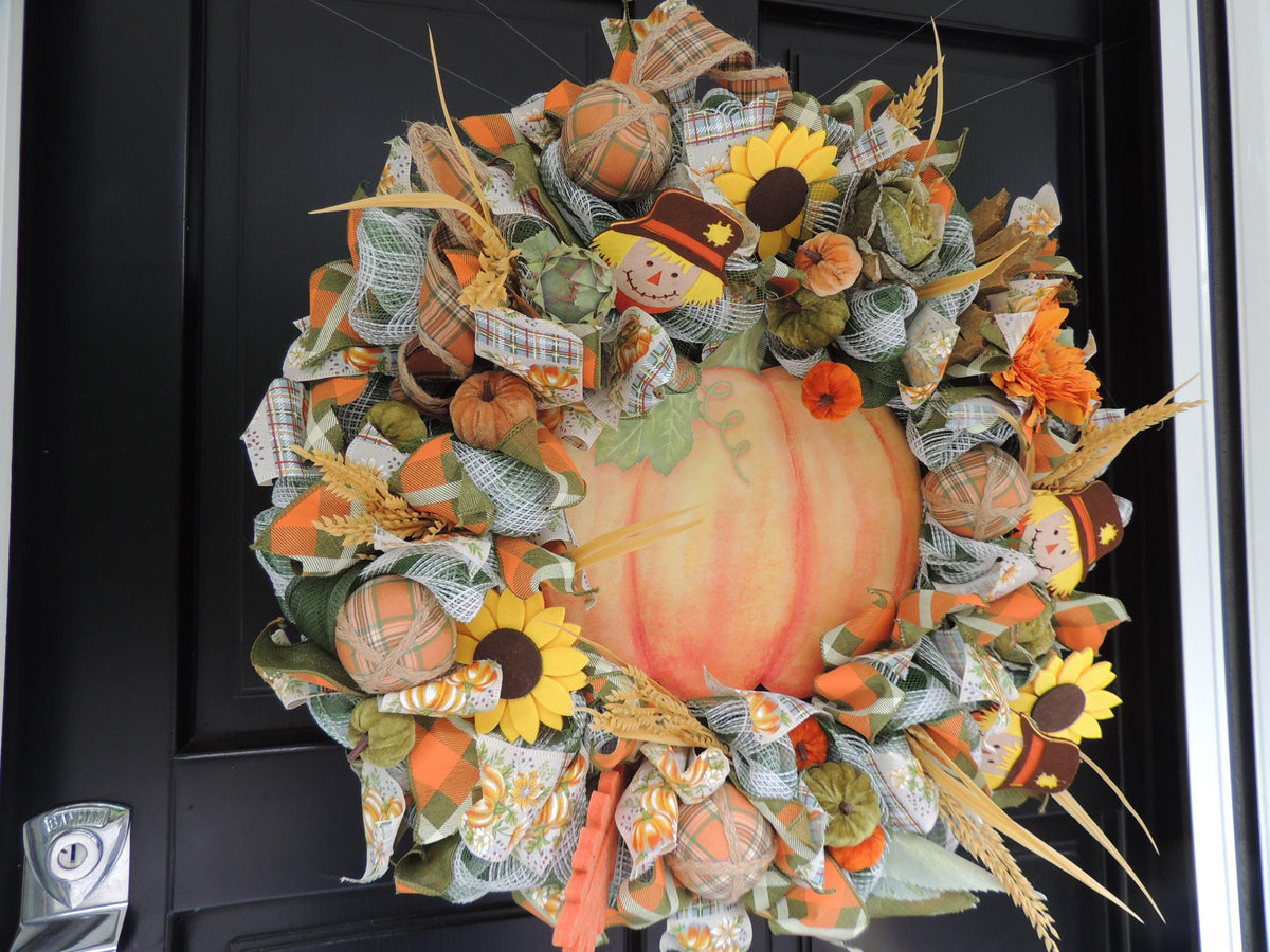 24" Large Autumn Pumpkin Wreath, Fall Harvest Front Door Wreath, Scarecrow Sunflower Thanksgiving Porch Decor, Farmhouse Autumn Decoration