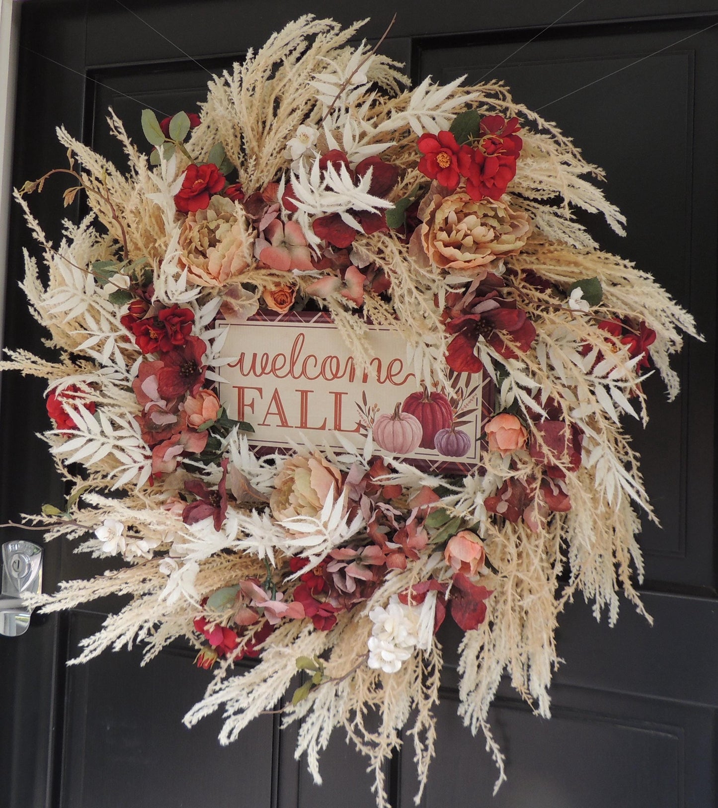 24" LARGE Welcome Fall Wreath, 60cm Autumn Front Door Wreath, Burgundy Cream Floral Harvest Wreath, Rustic Farmhouse Fall Door Decor