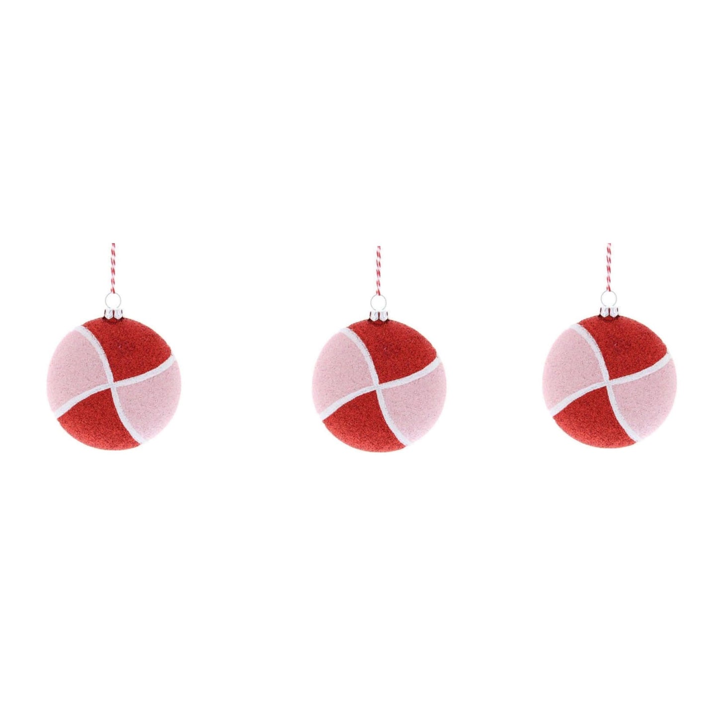 Set of 3 Sparkly Red Pink Striped Candy Sweet Shop Theme Shatterproof Ornamnet Hanging Christmas Tree Bauble Ornament Xmas Decor Decoration
